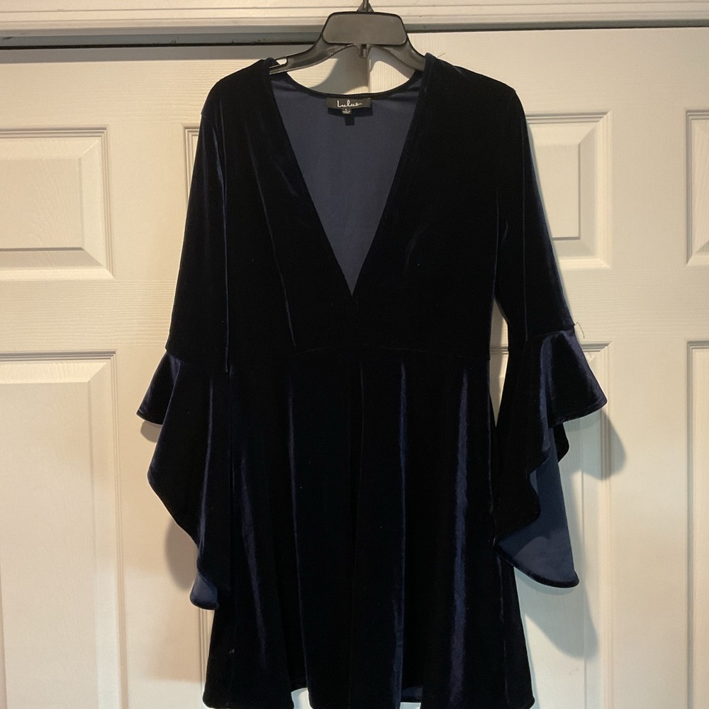 Lulus Wrapped in Luxe Navy Blue Velvet V-Neck Bell Sleeve Dress Y2K Goth Size L
